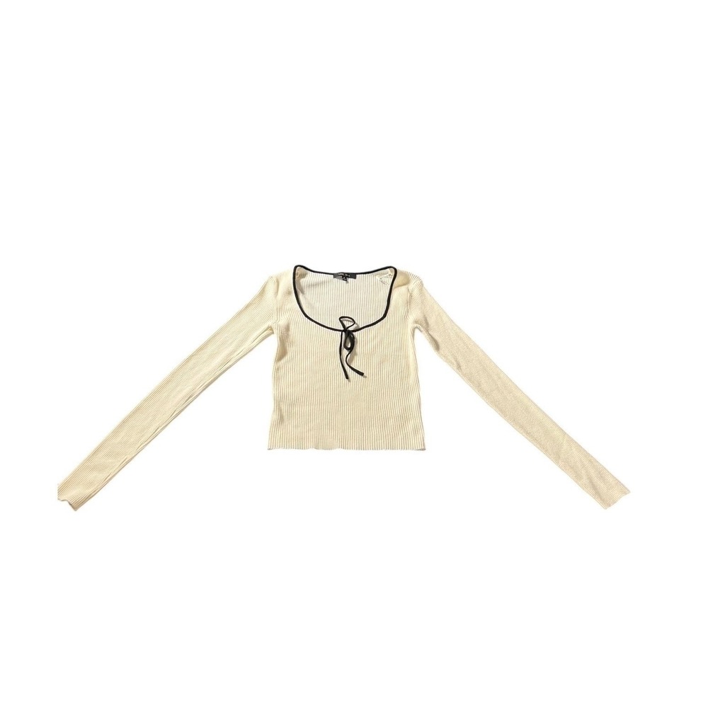 Love Tree Cream Ribbed Knit Long Sleeve Scoop Neck Front Tie Top SZ‎ M